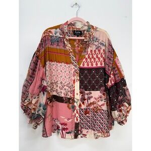 Fate Blouse 1X Patchwork Safari Floral Balloon Sleeve Pink Boho